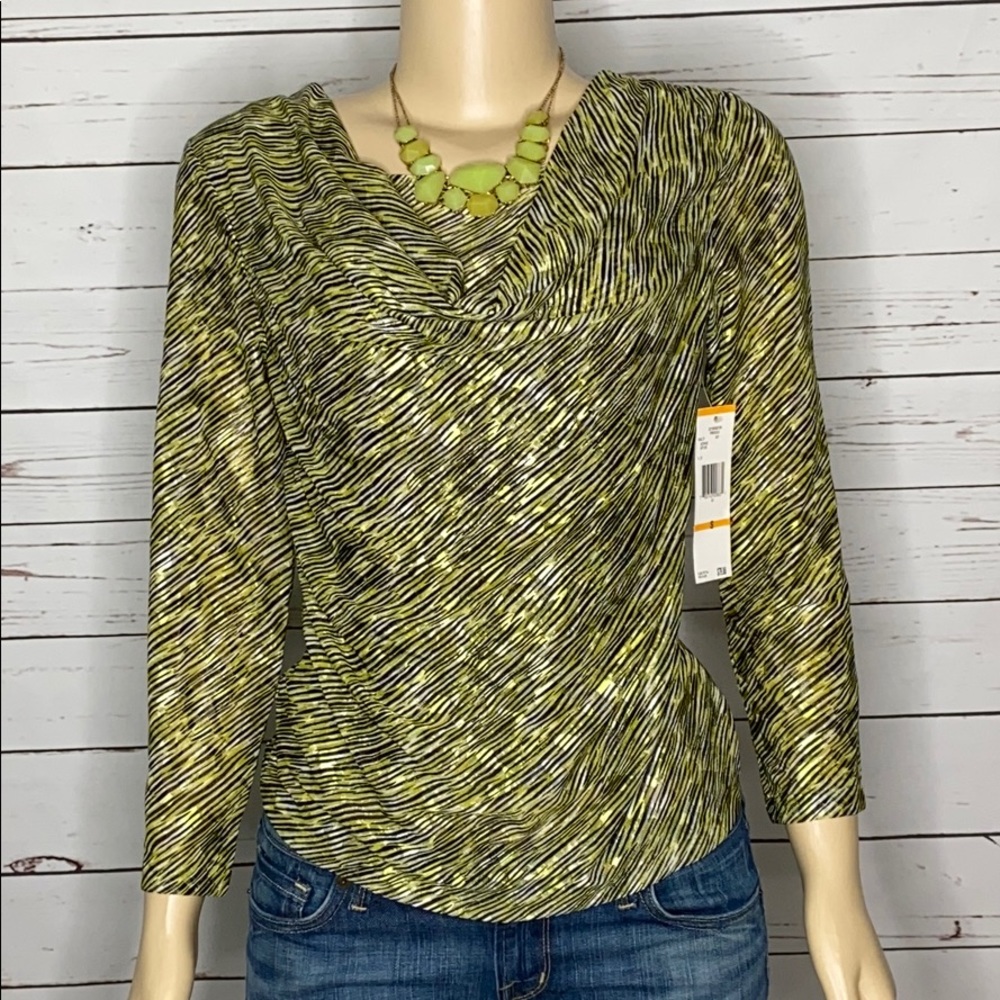 NWT Jones New York green black print stretch top Sz S